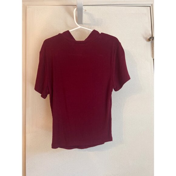 Bozzolo Ribbed Knit Short Sleeve Mock Neck Top In Burgundy - Size S - Picture 3 of 4